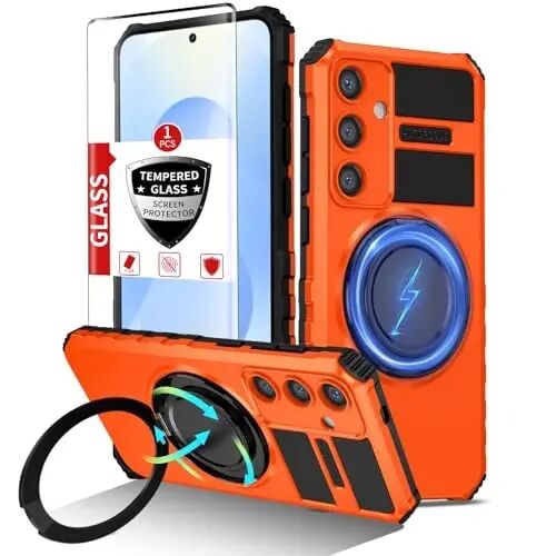 IYTRRYH Magnetic Stand Case for Samsung Galaxy S25 Plus Wireless Charging | S25+ Phone Case Compatible with MagSafe,with Screen Protector,Built-in 360° Kickstand,Shockproof Heavy Duty Protection,Orange - 1
