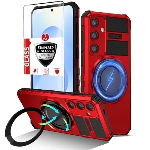 IYTRRYH Magnetic Stand Case for Samsung Galaxy S25 Plus Wireless Charging | S25+ Phone Case Compatible with MagSafe,with Screen Protector,Built-in 360° Kickstand,Shockproof Heavy Duty Protection,Red - IYTRRYH