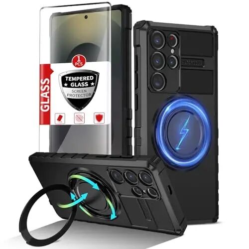 IYTRRYH Magnetic Stand Case for Samsung Galaxy S25 Ultra Wireless Charging | S25 Ultra Phone Case Compatible with MagSafe,with Screen Protector,with 360° Kickstand,Shockproof Heavy Duty Protection,Black - 1