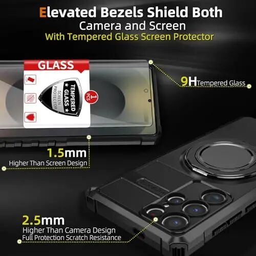 IYTRRYH Magnetic Stand Case for Samsung Galaxy S25 Ultra Wireless Charging | S25 Ultra Phone Case Compatible with MagSafe,with Screen Protector,with 360° Kickstand,Shockproof Heavy Duty Protection,Black - 3