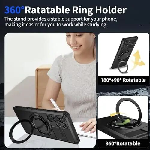 IYTRRYH Magnetic Stand Case for Samsung Galaxy S25 Ultra Wireless Charging | S25 Ultra Phone Case Compatible with MagSafe,with Screen Protector,with 360° Kickstand,Shockproof Heavy Duty Protection,Black - 4