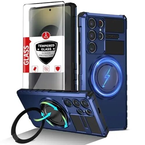 IYTRRYH Magnetic Stand Case for Samsung Galaxy S25 Ultra Wireless Charging | S25 Ultra Phone Case Compatible with MagSafe,with Screen Protector,with 360° Kickstand,Shockproof Heavy Duty Protection,Blue - IYTRRYH