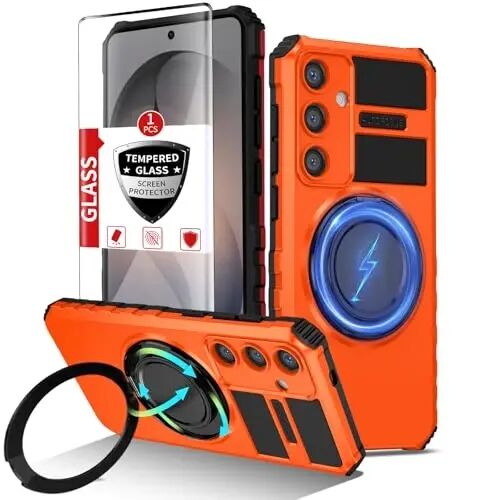 IYTRRYH Magnetic Stand Case for Samsung Galaxy S26 Plus Wireless Charging | S26+ Phone Case Compatible with MagSafe,with Screen Protector,Built-in 360° Kickstand,Shockproof Heavy Duty Protection,Orange - 1