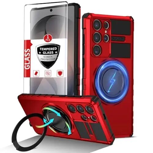 IYTRRYH Magnetic Stand Case for Samsung Galaxy S26 Ultra Wireless Charging | S26 Ultra Phone Case Compatible with MagSafe,with Screen Protector,with 360° Kickstand,Shockproof Heavy Duty Protection,Red - 1