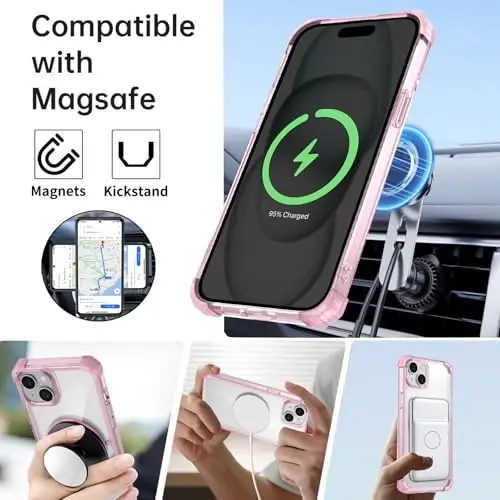 IYTRRYH Magnetic for iPhone 15 Plus Case Compatible with MagSafe Wireless Charging,with 2 Screen Protectors,for 15 Plus Case Built-in 360°Kickstand Ring,Military Grade Drop Protection Shockproof Pink - 3