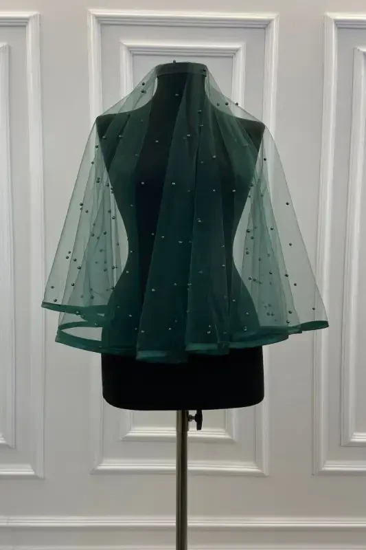 Изумрудно-зеленый комплект свадебной фаты с бисером и оборкой - БИЕЛЬИИНЧИЛИЗЮМРЮТ - 2