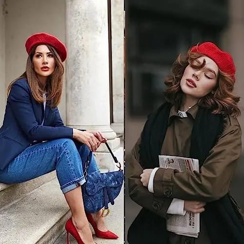 Women French Beret Hat Solid Artist Hat Wool Beret Winter Warm Beanie Cap | Adult wool blend beret, for full season, for warm, cosplay - 2