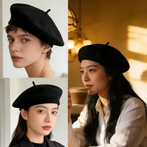IZUS Women French Beret Hat Solid Artist Hat Wool Adult Beret Winter Warm Beanie Cap Fashion Ladies Men - 4