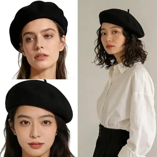 IZUS Women French Beret Hat Solid Artist Hat Wool Adult Beret Winter Warm Beanie Cap Fashion Ladies Men - 5