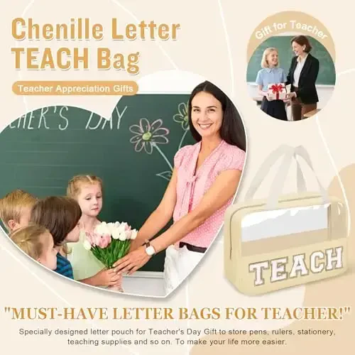 izuzta Teacher Appreciation Gifts TEACH Chenille Letter Clear Makeup Bag Pouch, Monogram Teacher Supplies Zipper with Handle Travel Cosmetic Bag Graduation Retirement Gifts for Women(TEACH-Beige) - 5