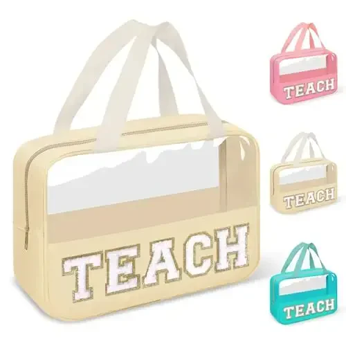 izuzta Teacher Appreciation Gifts TEACH Chenille Letter Clear Makeup Bag Pouch, Monogram Teacher Supplies Zipper with Handle Travel Cosmetic Bag Graduation Retirement Gifts for Women(TEACH-Beige) 
