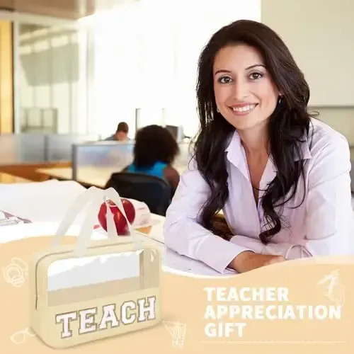 izuzta Teacher Appreciation Gifts TEACH Chenille Letter Clear Makeup Bag Pouch, Monogram Teacher Supplies Zipper with Handle Travel Cosmetic Bag Graduation Retirement Gifts for Women(TEACH-Beige) - IZUZTA (1)