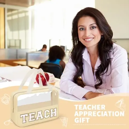 izuzta Teacher Appreciation Gifts TEACH Chenille Letter Clear Makeup Bag Pouch, Monogram Teacher Supplies Zipper with Handle Travel Cosmetic Bag Graduation Retirement Gifts for Women(TEACH-Beige) - 2