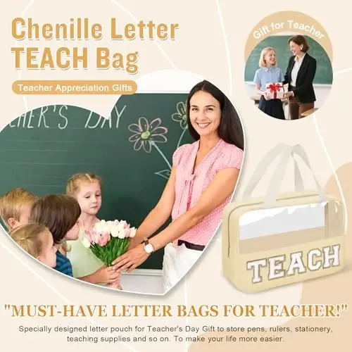 izuzta Teacher Appreciation Gifts TEACH Chenille Letter Clear Makeup Bag Pouch, Monogram Teacher Supplies Zipper with Handle Travel Cosmetic Bag Graduation Retirement Gifts for Women(TEACH-Beige) - 5