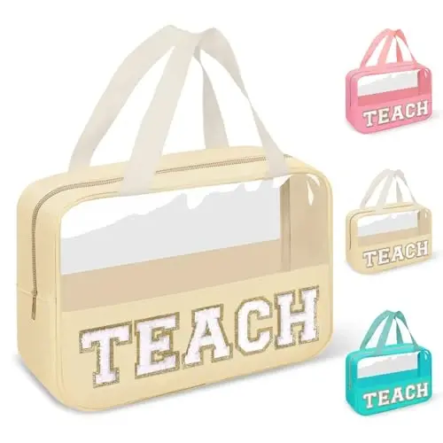 izuzta Teacher Appreciation Gifts TEACH Chenille Letter Clear Makeup Bag Pouch, Monogram Teacher Supplies Zipper with Handle Travel Cosmetic Bag Graduation Retirement Gifts for Women(TEACH-Beige) - 1