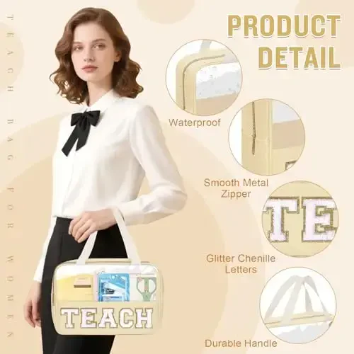 izuzta Teacher Appreciation Gifts TEACH Chenille Letter Clear Makeup Bag Pouch, Monogram Teacher Supplies Zipper with Handle Travel Cosmetic Bag Graduation Retirement Gifts for Women(TEACH-Beige) - 4