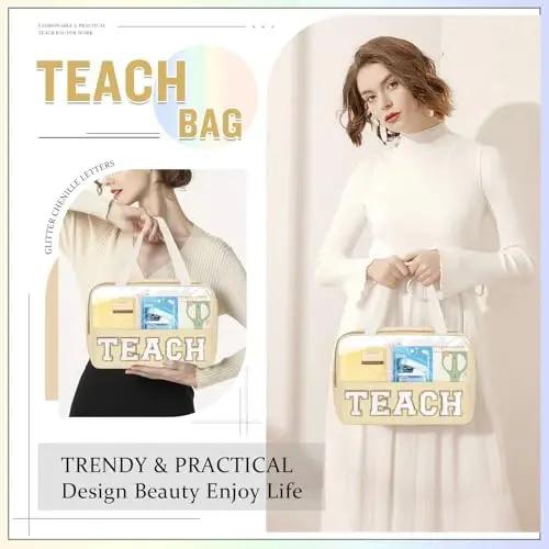 izuzta Teacher Appreciation Gifts TEACH Chenille Letter Clear Makeup Bag Pouch, Monogram Teacher Supplies Zipper with Handle Travel Cosmetic Bag Graduation Retirement Gifts for Women(TEACH-Beige) - 6