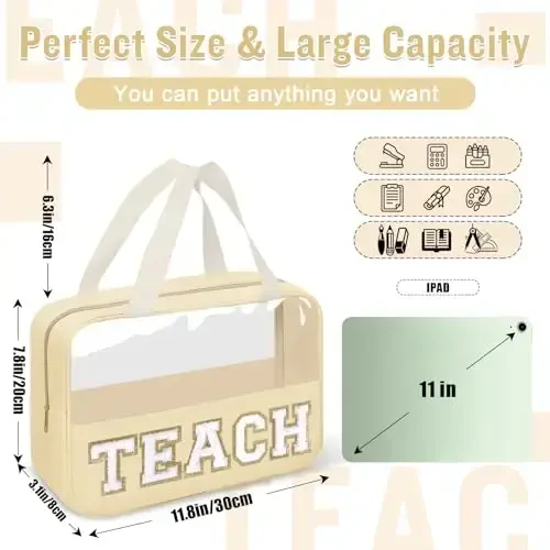izuzta Teacher Appreciation Gifts TEACH Chenille Letter Clear Makeup Bag Pouch, Monogram Teacher Supplies Zipper with Handle Travel Cosmetic Bag Graduation Retirement Gifts for Women(TEACH-Beige) - 3