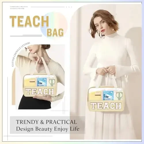 izuzta Teacher Appreciation Gifts TEACH Chenille Letter Clear Makeup Bag Pouch, Monogram Teacher Supplies Zipper with Handle Travel Cosmetic Bag Graduation Retirement Gifts for Women(TEACH-Beige) - 6
