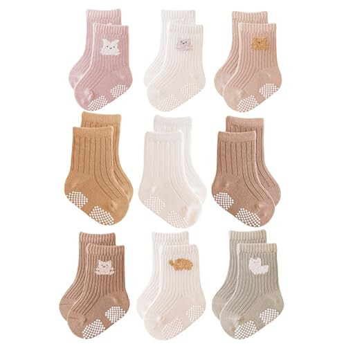 J Poqobog Baby Crew Socks, Grips Combed Cotton Socks Toddler Non-Skid for Girls, Boys Non Slip/Anti Skid 9-Pack - 31