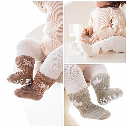 J Poqobog Baby Crew Socks, Grips Combed Cotton Socks Toddler Non-Skid for Girls, Boys Non Slip/Anti Skid 9-Pack - 33