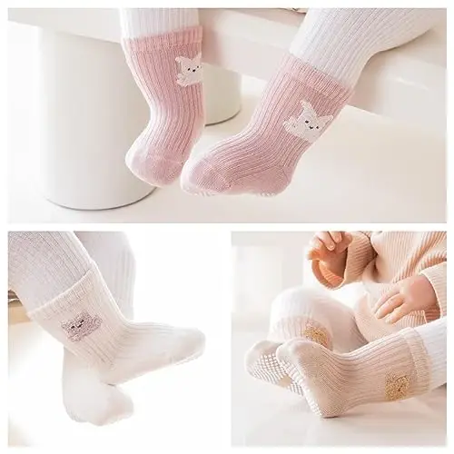 J Poqobog Baby Crew Socks,Grips Combed Cotton Socks Toddler Non-Skid for Girls,Boys Non Slip/Anti Skid 9-Pack - 2