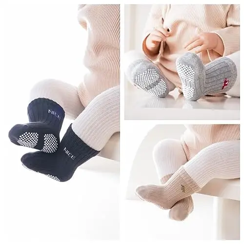 J Poqobog Baby Crew Socks,Grips Combed Cotton Socks Toddler Non-Skid for Girls,Boys Non Slip/Anti Skid 9-Pack - 2