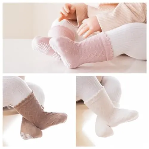 J Poqobog Baby Crew Socks,Grips Combed Cotton Socks Toddler Non-Skid for Girls,Boys Non Slip/Anti Skid 9-Pack - 2