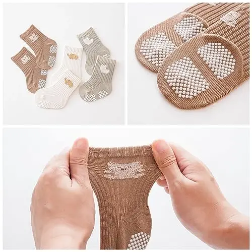 J Poqobog Baby Crew Socks,Grips Combed Cotton Socks Toddler Non-Skid for Girls,Boys Non Slip/Anti Skid 9-Pack - 4