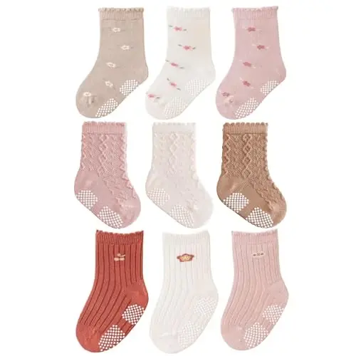 J Poqobog Baby Crew Socks,Grips Combed Cotton Socks Toddler Non-Skid for Girls,Boys Non Slip/Anti Skid 9-Pack 