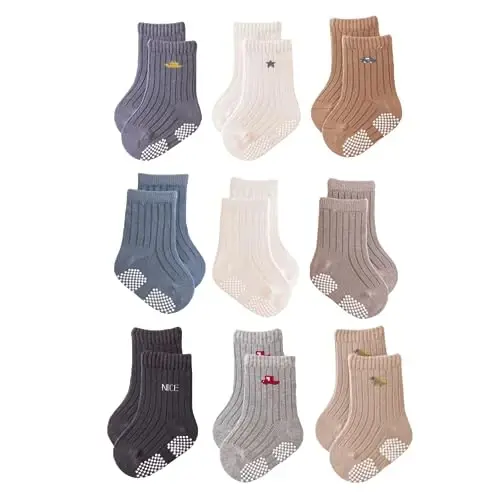 J Poqobog Baby Crew Socks,Grips Combed Cotton Socks Toddler Non-Skid for Girls,Boys Non Slip/Anti Skid 9-Pack - J