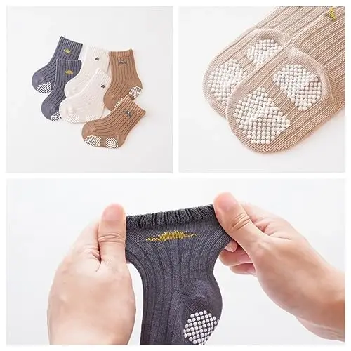J Poqobog Baby Crew Socks,Grips Combed Cotton Socks Toddler Non-Skid for Girls,Boys Non Slip/Anti Skid 9-Pack - 3