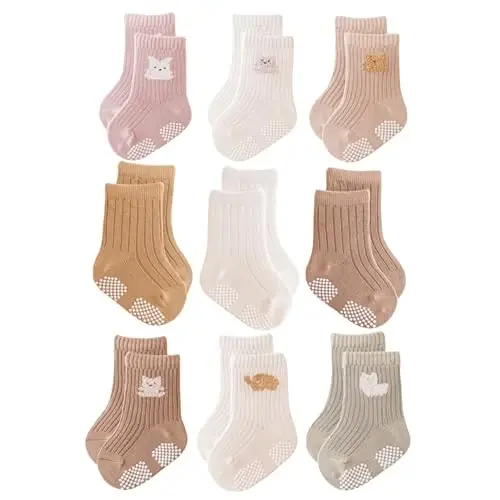 J Poqobog Baby Crew Socks,Grips Combed Cotton Socks Toddler Non-Skid for Girls,Boys Non Slip/Anti Skid 9-Pack 