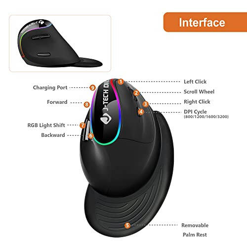 J-Tech Digital Ergonomic Mouse with Wireless Connection, Removable Palm Rest, Thumb Buttons, Rechargeable Battery, 800 DPI, Compatible with Windows and MAC OS - 4