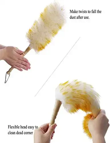 J&A Lambswool Dusters with Solid Wooden Handle, Flexible Head, Anti-Static, Comfortable Grips 17.8 inchs Long Feather Duster for Office, Home and Car etc. - 2