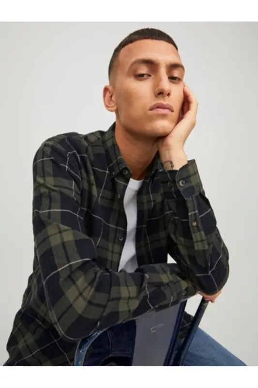 Jack & Jones 12259895 JJEWILLY CHECH SHIRT Ko'ylak Xaki Qora - 7
