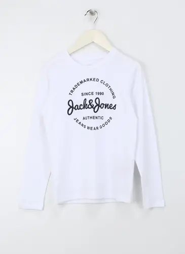Jack & Jones Белая Мужская Футболка с Принтом JJFOREST TEE LS CREW NECK JNR - 1