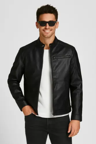 Jack Jones Biker Erkaklar uchun Qora Teri Ko'ylagi - 12147218 - 4