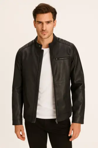 Jack Jones Biker Erkek Siyah Deri Ceket - 12147218 