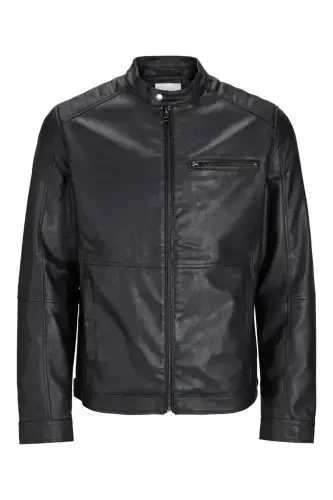 Jack Jones Biker Men's Black Leather Jacket - 12147218 - JACK & JONES (1)