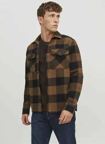 Jack & Jones Comfort Fit Brown Checkered Men's Shirt JPRROY CHECK OVERSHIRT L/S SN - 5