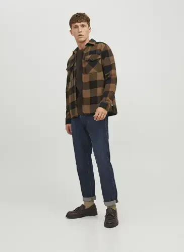 Jack & Jones Comfort Fit Коричневая Клетчатая Мужская Рубашка JPRROY CHECK OVERSHIRT L/S SN - 3