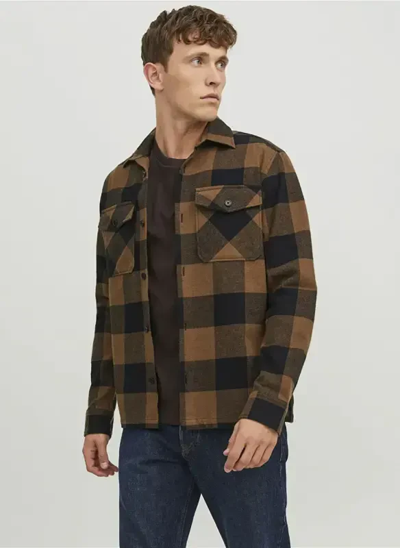 Jack & Jones Comfort Fit Коричневая Клетчатая Мужская Рубашка JPRROY CHECK OVERSHIRT L/S SN - 5