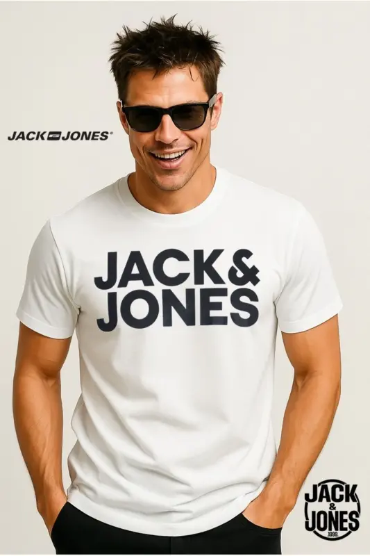 Jack Jones Corp Logo Tee Ss O-neck Noos Erkek Beyaz-siyah Tshirt 12151955-09-Beyaz - JACK & JONES