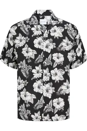 JACK JONES Erkek Kısa Kollu Çiçek Desenli Gömlek 12249210 - Black - 3