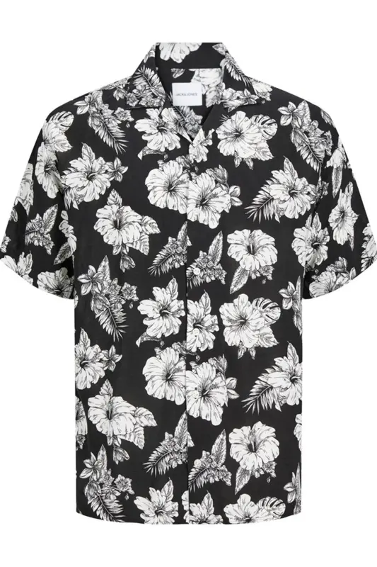JACK JONES Erkek Kısa Kollu Çiçek Desenli Gömlek 12249210 - Black - 3