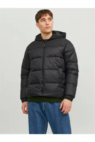 JACK JONES Erkek Rüzgar Geçirmez Kapüşonlu Puffer Mont 12235859-Black - 7