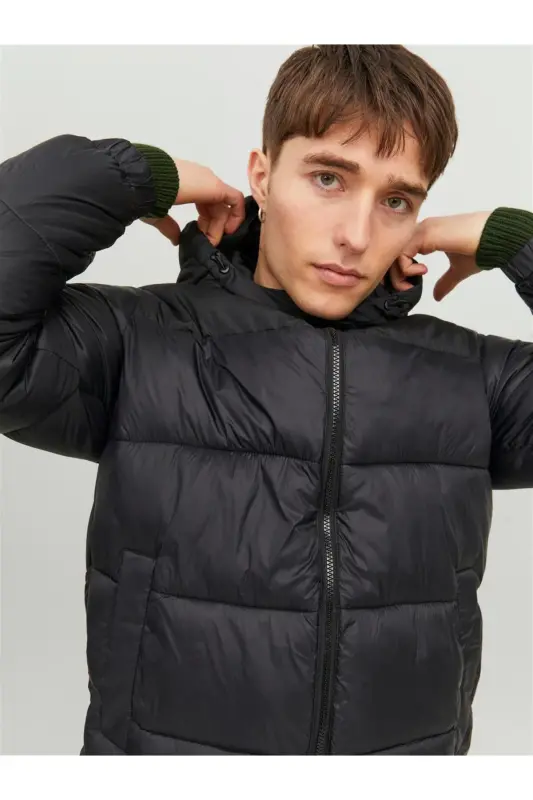 JACK JONES Erkek Rüzgar Geçirmez Kapüşonlu Puffer Mont 12235859-Black - 2