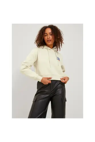 Jack Jones Jjxx Kadın Oversize Crop Kapüşonlu Muflon Uzun Kollu Sweatshirt - Ekru - 1