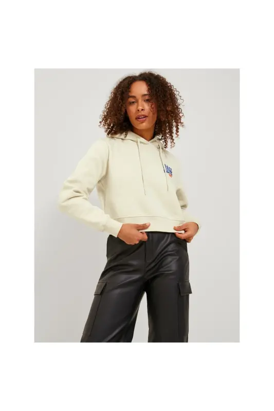 Jack Jones Jjxx Kadın Oversize Crop Kapüşonlu Muflon Uzun Kollu Sweatshirt - Ekru - 1